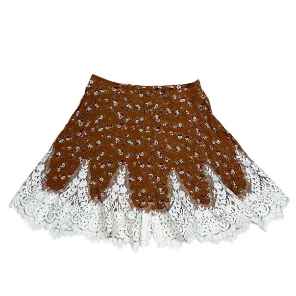 For Love & Lemons Womens Size XS Brown Floral Mini Skirt Button Front Lace - Picture 1 of 8
